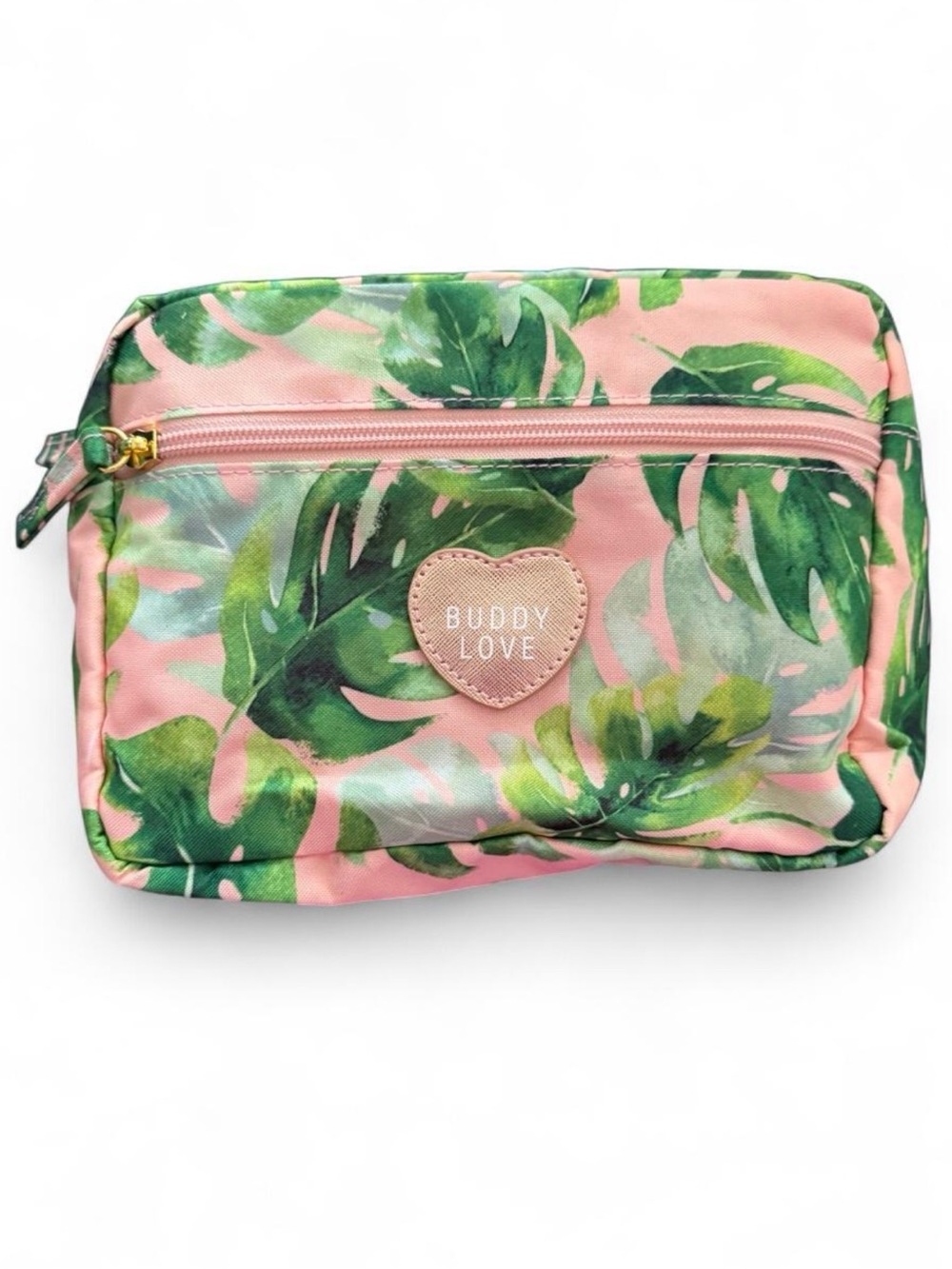 BUDDY LOVE Pink and green tropical leaf print makeup bag. Clean, EUC.